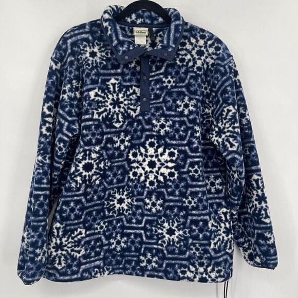 Vintage L.L. Bean Blue White Snowflake Fleece Quarter Snap Sweater Size Medium - Picture 1 of 6